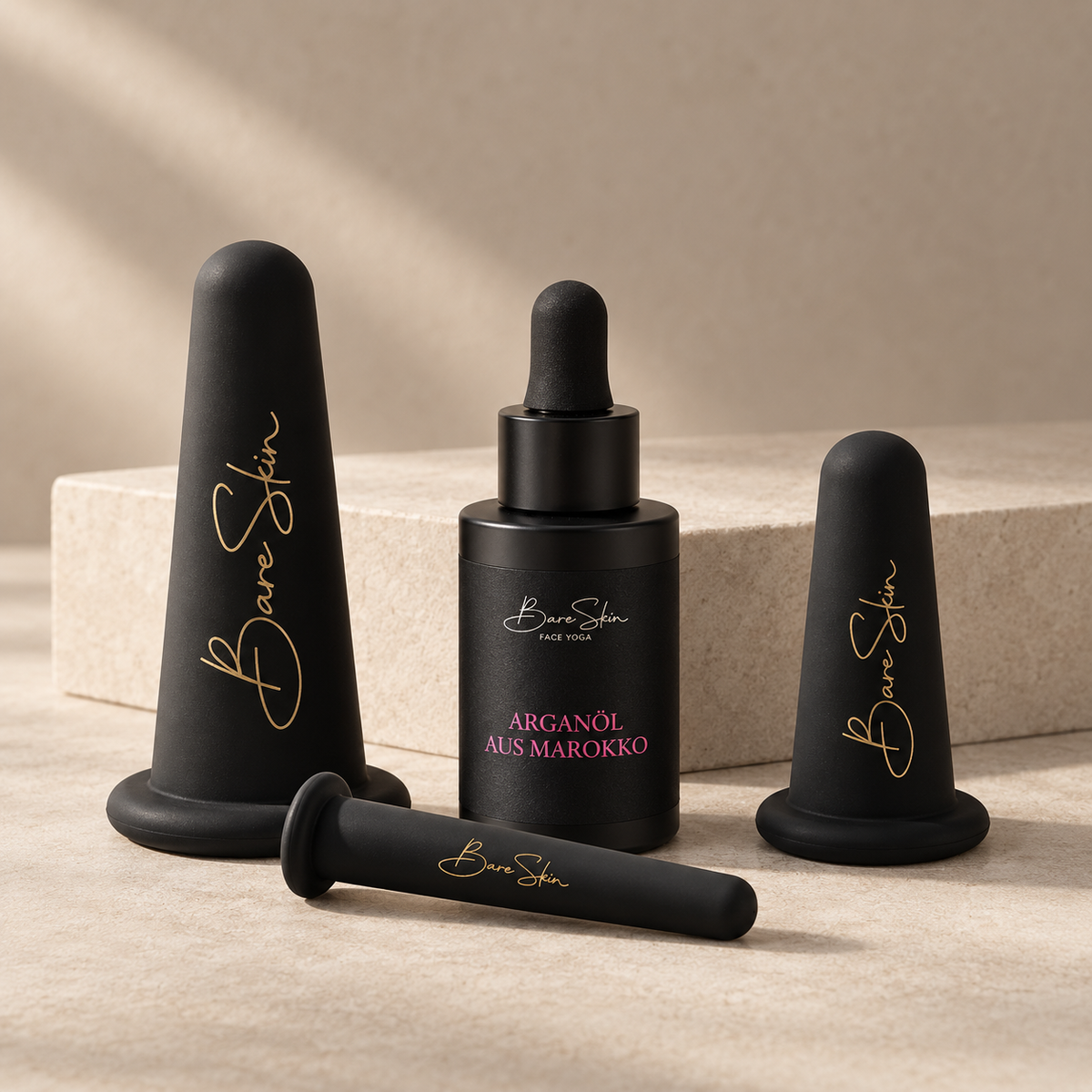 Schröpfset (schwarz od. beige) + Arganöl (30ml) – Facial Cupping & Pflege